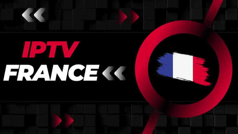 IPTV France - Logo service streaming télévision française avec drapeau tricolore et interface de navigation vidéo